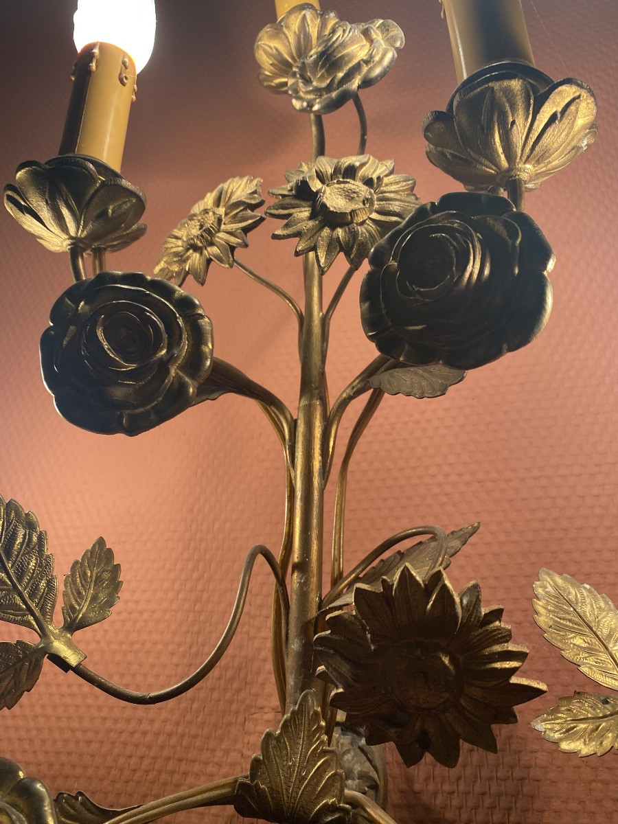 Pair Of Gilt Metal Floral Wall Sconces, Italian Work, Circa 1950-photo-3