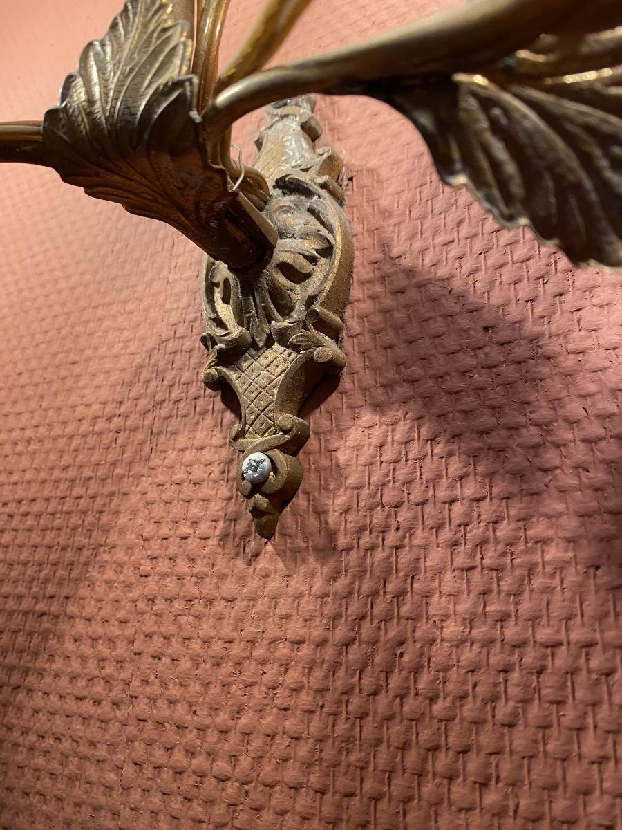 Pair Of Gilt Metal Floral Wall Sconces, Italian Work, Circa 1950-photo-5