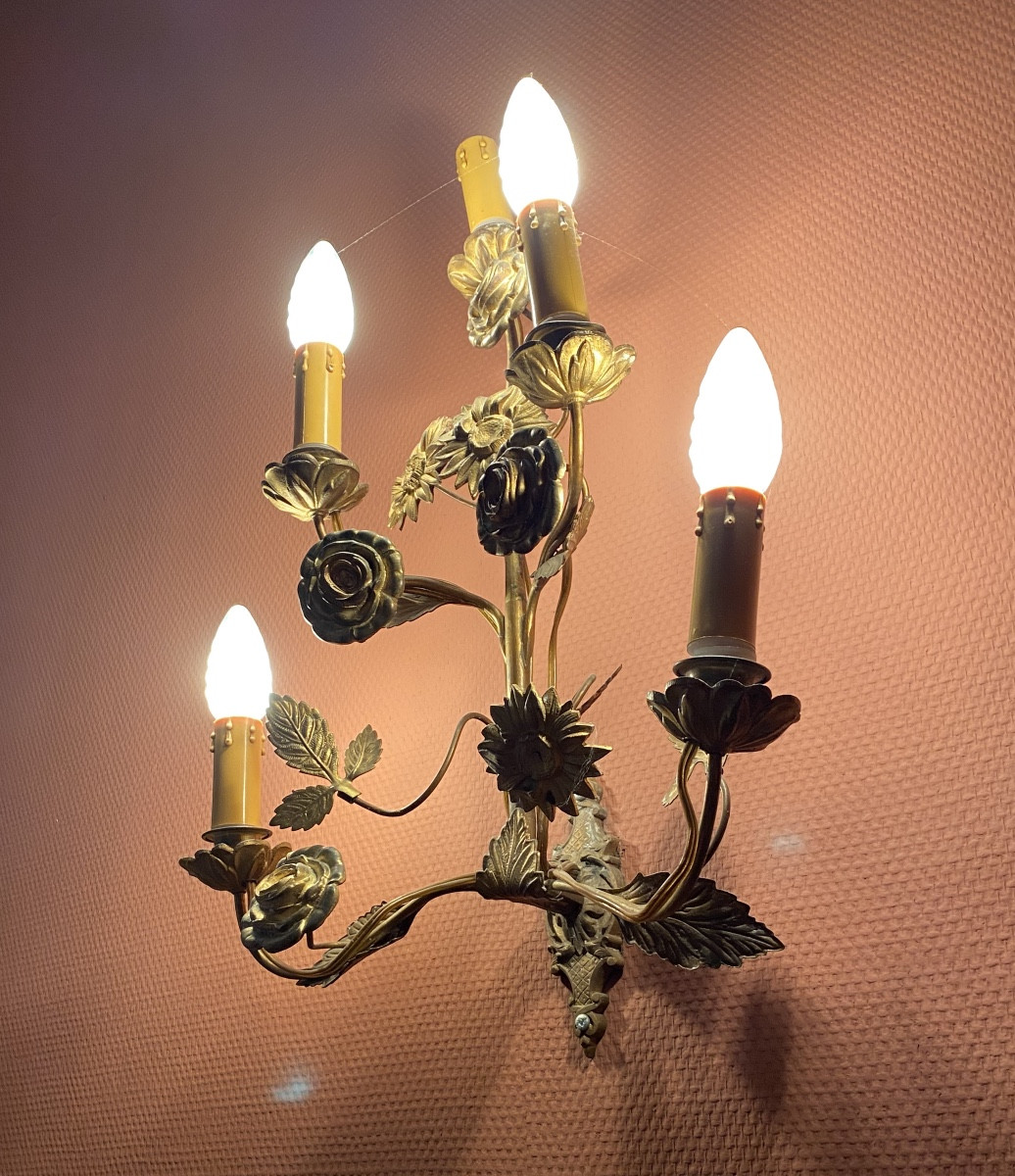 Pair Of Gilt Metal Floral Wall Sconces, Italian Work, Circa 1950