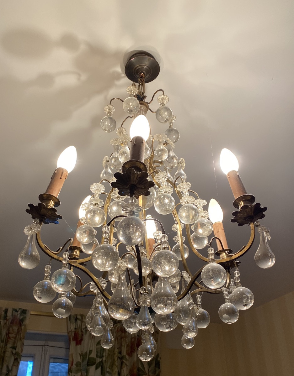 Lustre ancien à pampilles en verre soufflé (vers 1950) Dimensions : H. 100 cm – Ø 50 cm-photo-4