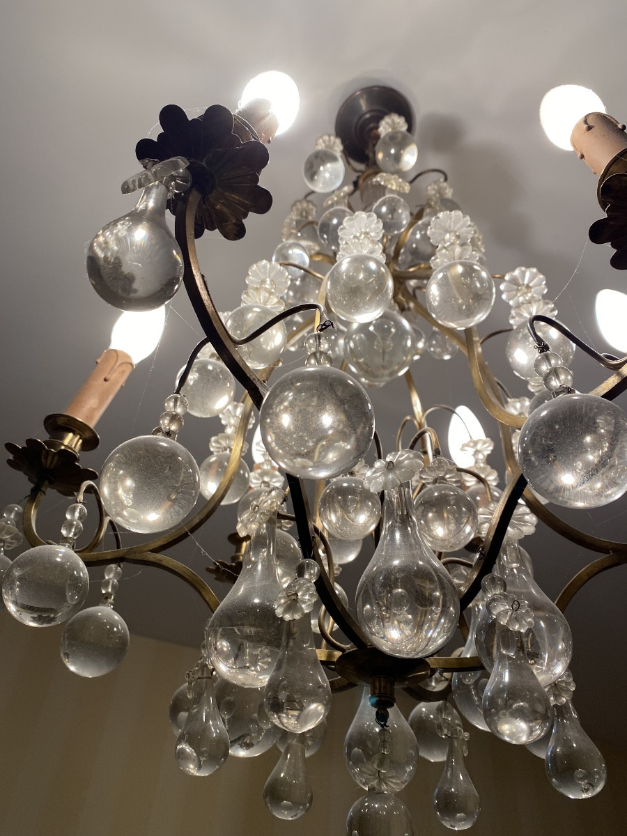 Lustre ancien à pampilles en verre soufflé (vers 1950) Dimensions : H. 100 cm – Ø 50 cm-photo-1