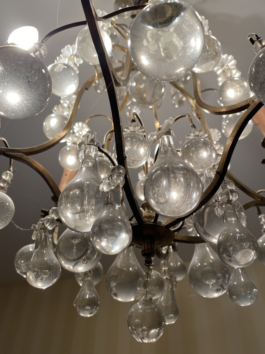 Lustre ancien à pampilles en verre soufflé (vers 1950) Dimensions : H. 100 cm – Ø 50 cm-photo-2