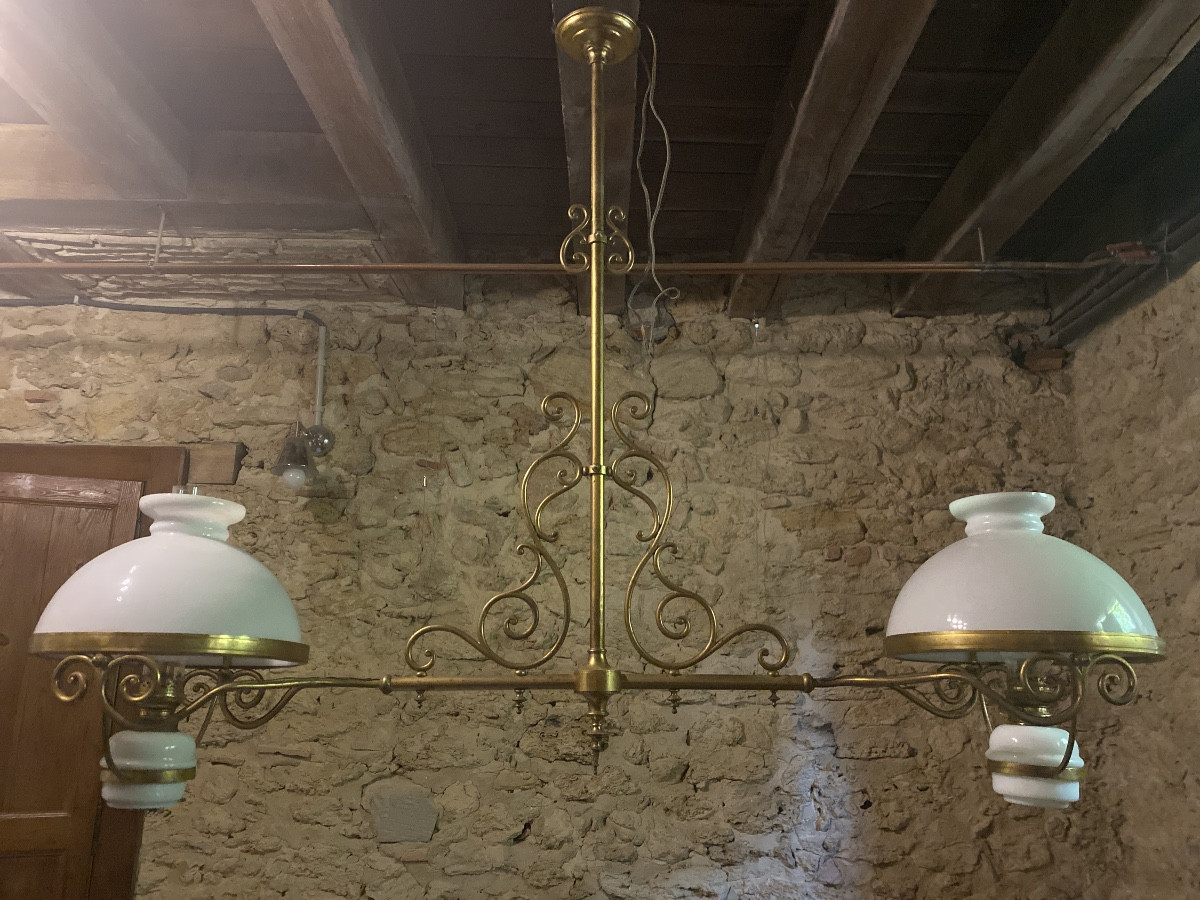 Lustre de billard ancien en laiton et opalines – fin XIXᵉ siècle-photo-2