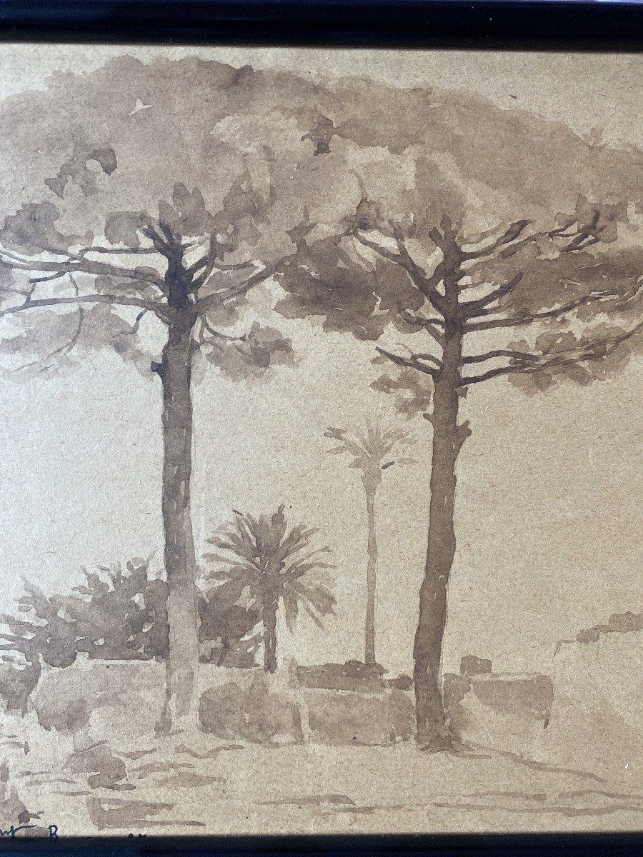 Marie-louise Lustremant (1880-1965) Mediterranean Landscape With Umbrella Pines And Palm Trees.-photo-3