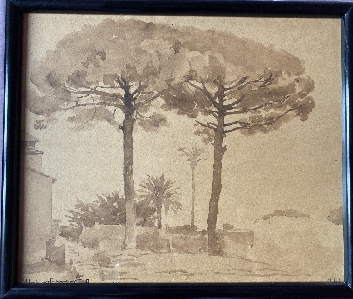 Marie-louise Lustremant (1880-1965) Mediterranean Landscape With Umbrella Pines And Palm Trees.