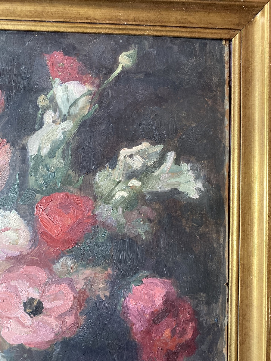 Marie-Louise Lustremant (1880-1965) – Bouquet de fleurs, huile sur bois-photo-4