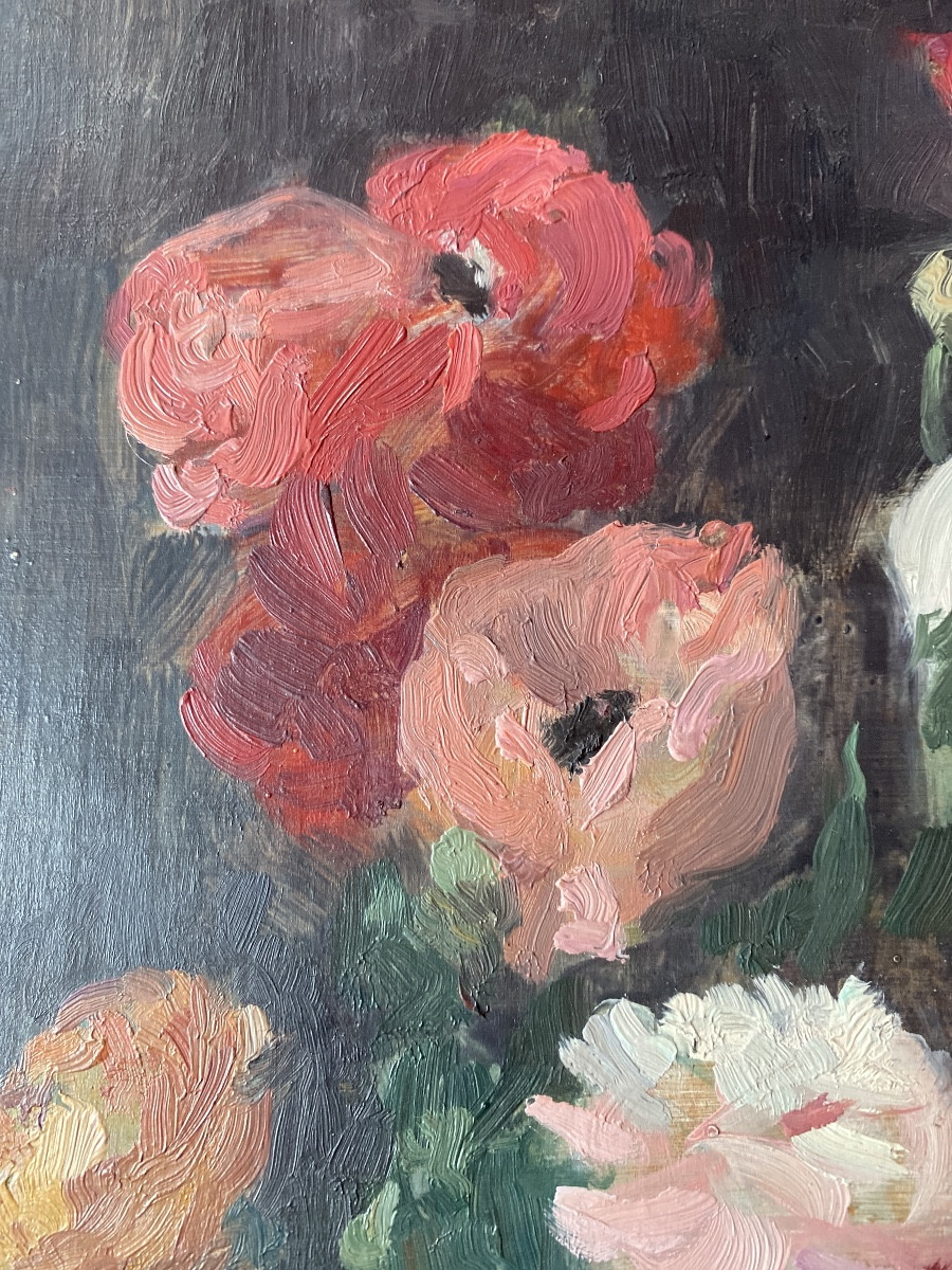 Marie-Louise Lustremant (1880-1965) – Bouquet de fleurs, huile sur bois-photo-1