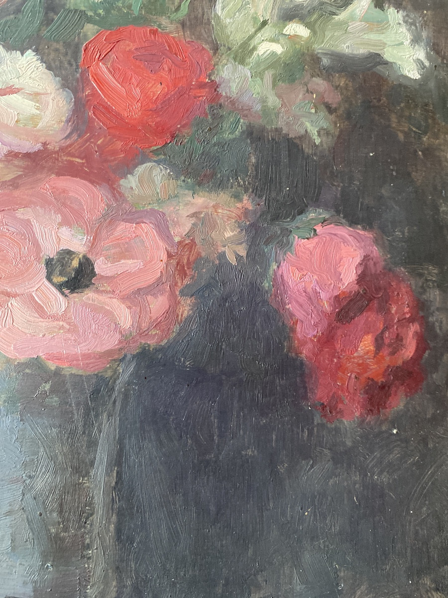 Marie-Louise Lustremant (1880-1965) – Bouquet de fleurs, huile sur bois-photo-3