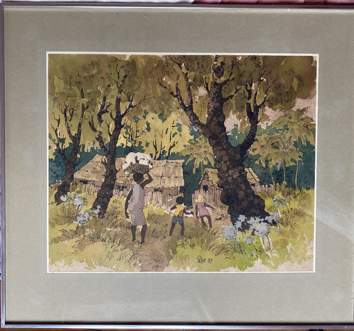 Pierre Pellet – Tropical Village Scene, Watercolor Signed And Dated 1979-photo-2