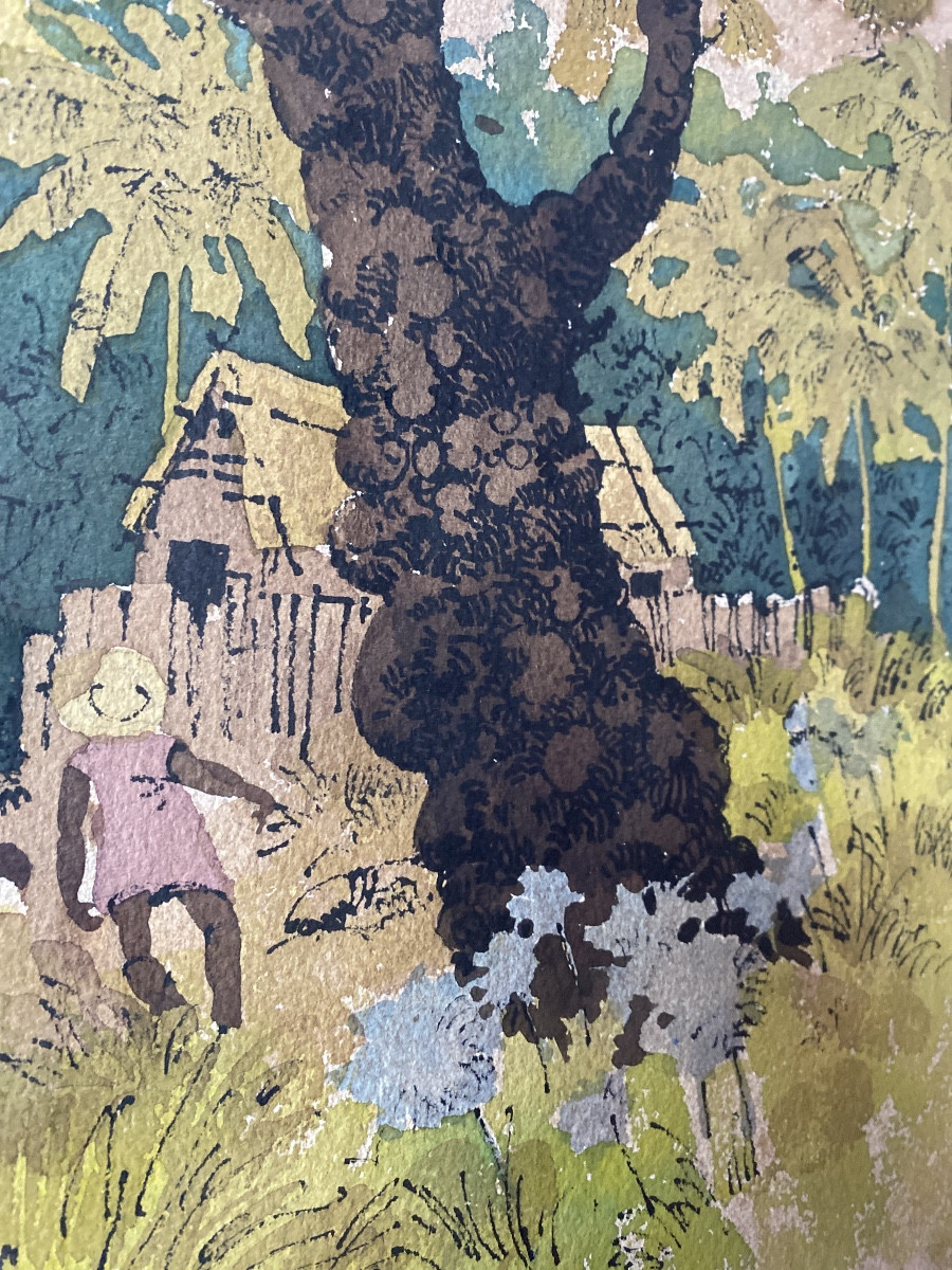 Pierre Pellet – Tropical Village Scene, Watercolor Signed And Dated 1979-photo-4