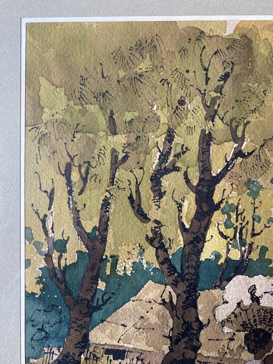 Pierre Pellet – Tropical Village Scene, Watercolor Signed And Dated 1979-photo-5