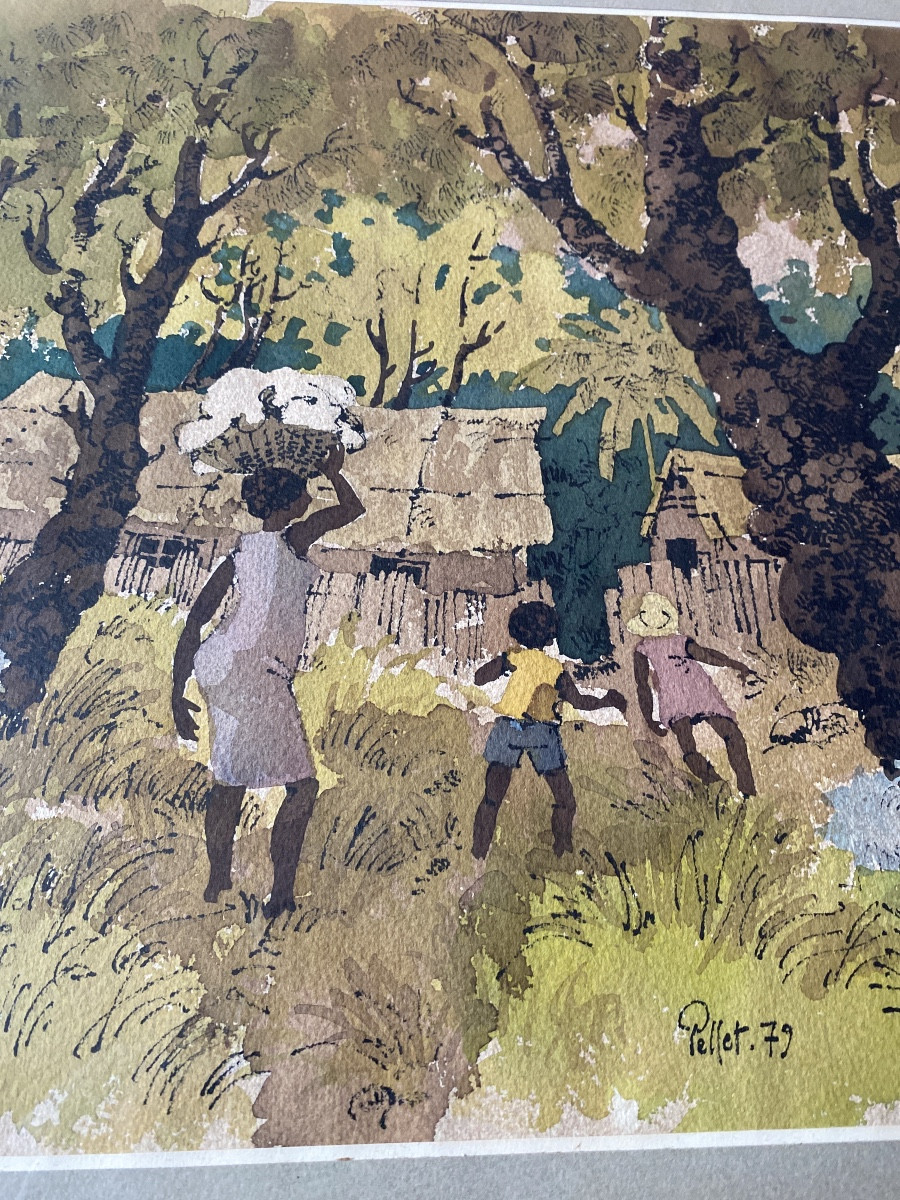 Pierre Pellet – Tropical Village Scene, Watercolor Signed And Dated 1979-photo-8