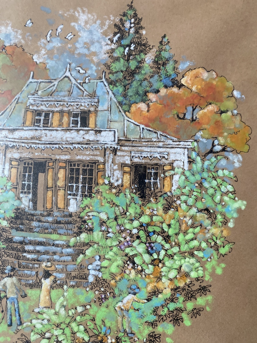 Pierre Pellet – Villa coloniale  – aquarelle sous verre, 1979-photo-3