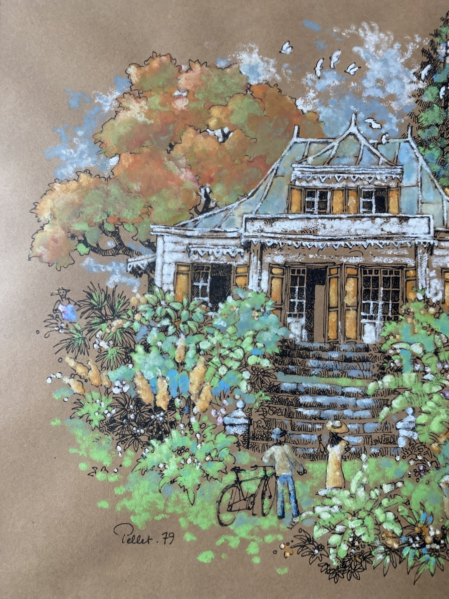 Pierre Pellet – Villa coloniale  – aquarelle sous verre, 1979-photo-5