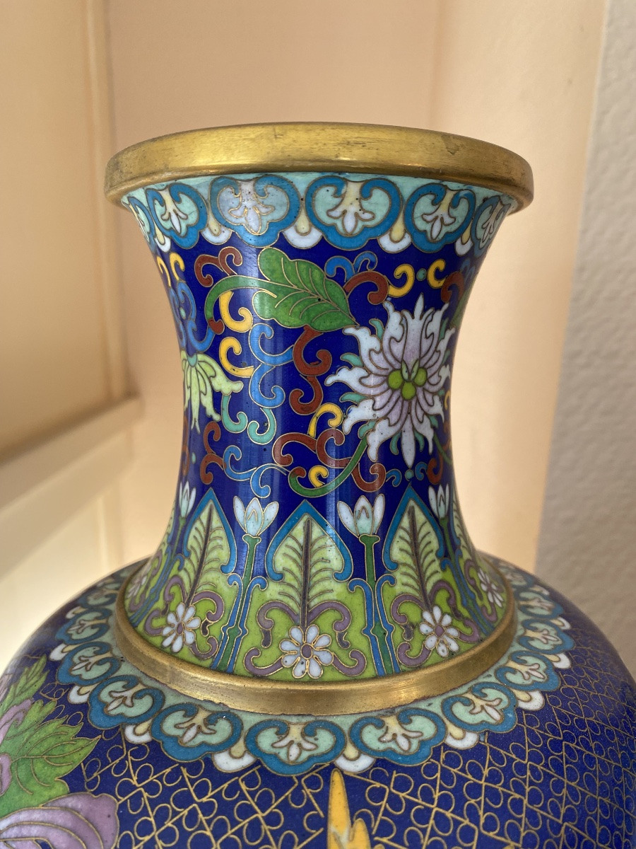 Paire De Vases En Émaux Cloisonnés Sur laiton – Chine – Décor De Pivoines Et Oiseau – 32 Cm-photo-1