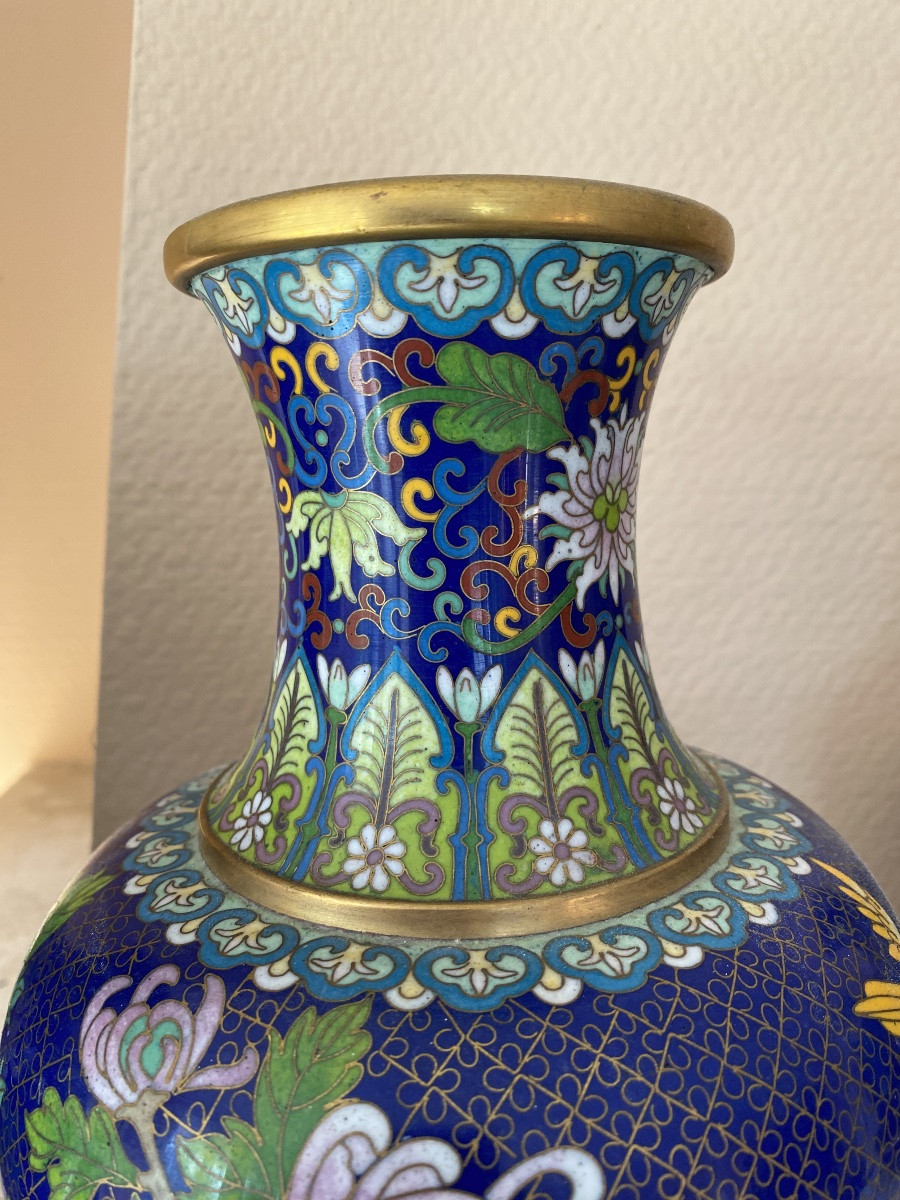 Paire De Vases En Émaux Cloisonnés Sur laiton – Chine – Décor De Pivoines Et Oiseau – 32 Cm-photo-2
