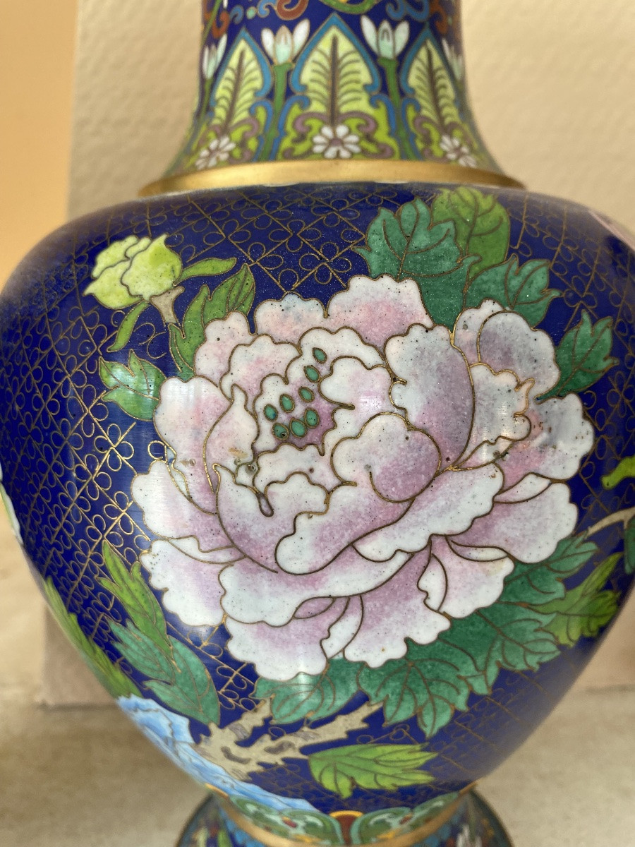 Paire De Vases En Émaux Cloisonnés Sur laiton – Chine – Décor De Pivoines Et Oiseau – 32 Cm-photo-5