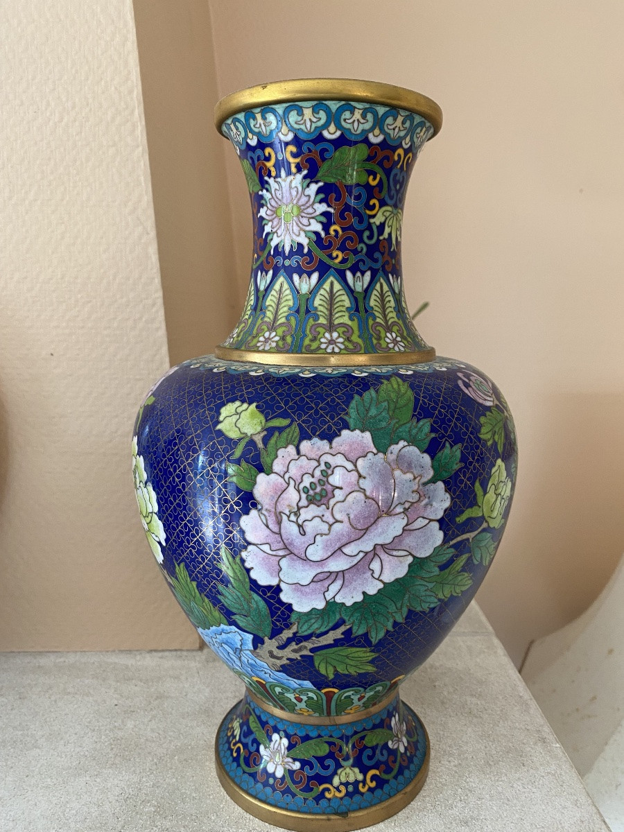 Paire De Vases En Émaux Cloisonnés Sur laiton – Chine – Décor De Pivoines Et Oiseau – 32 Cm-photo-6