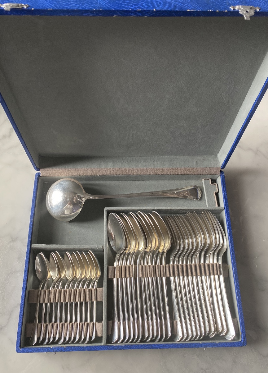 Art Deco French Silver Plated Flatware Set – 37 Pieces – Aveline Versailles – 1956