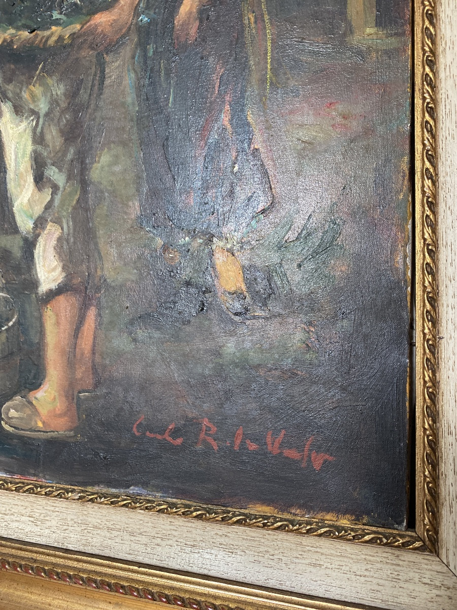 Carlo Roberto La Volpe - Large Animated Neapolitan Market Scene - Oil On Canvas - 20th Century-photo-3