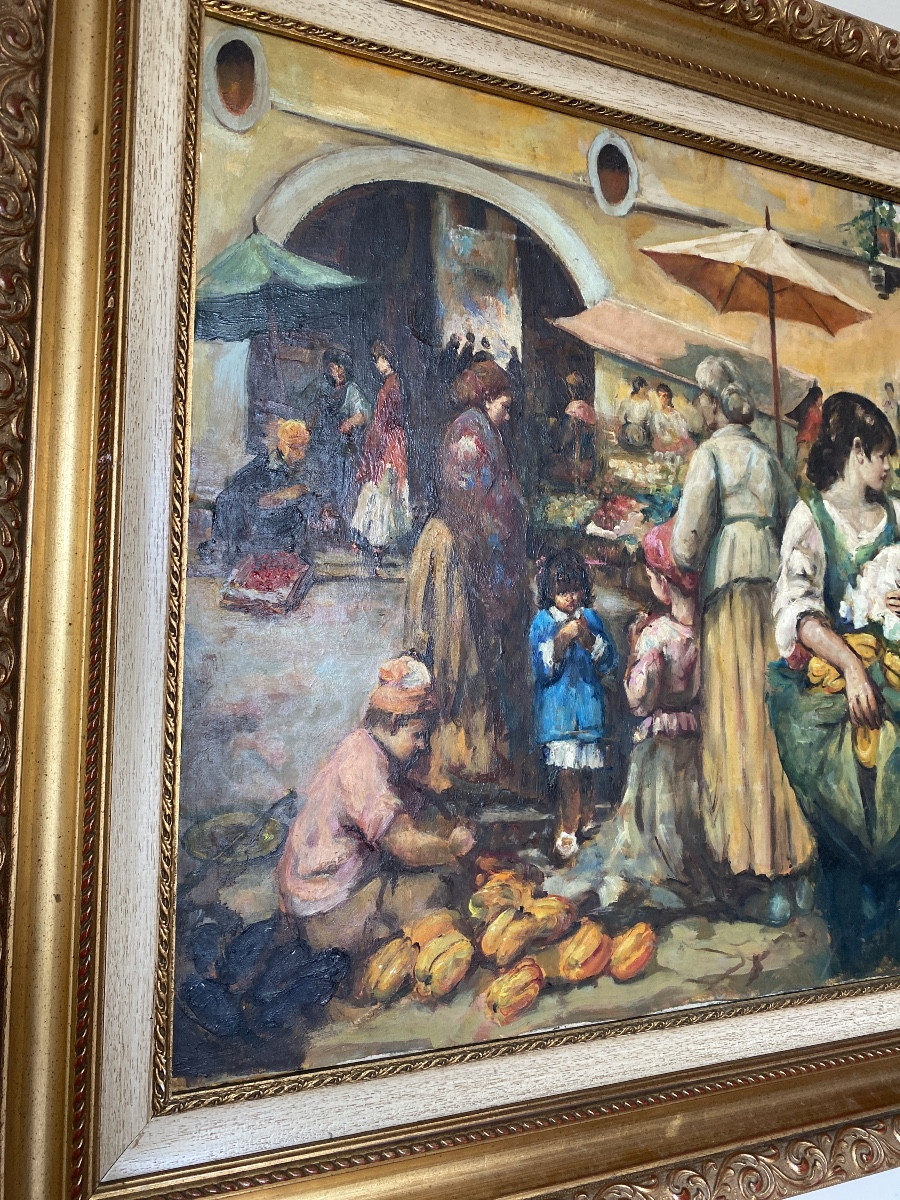 Carlo Roberto La Volpe - Large Animated Neapolitan Market Scene - Oil On Canvas - 20th Century-photo-2