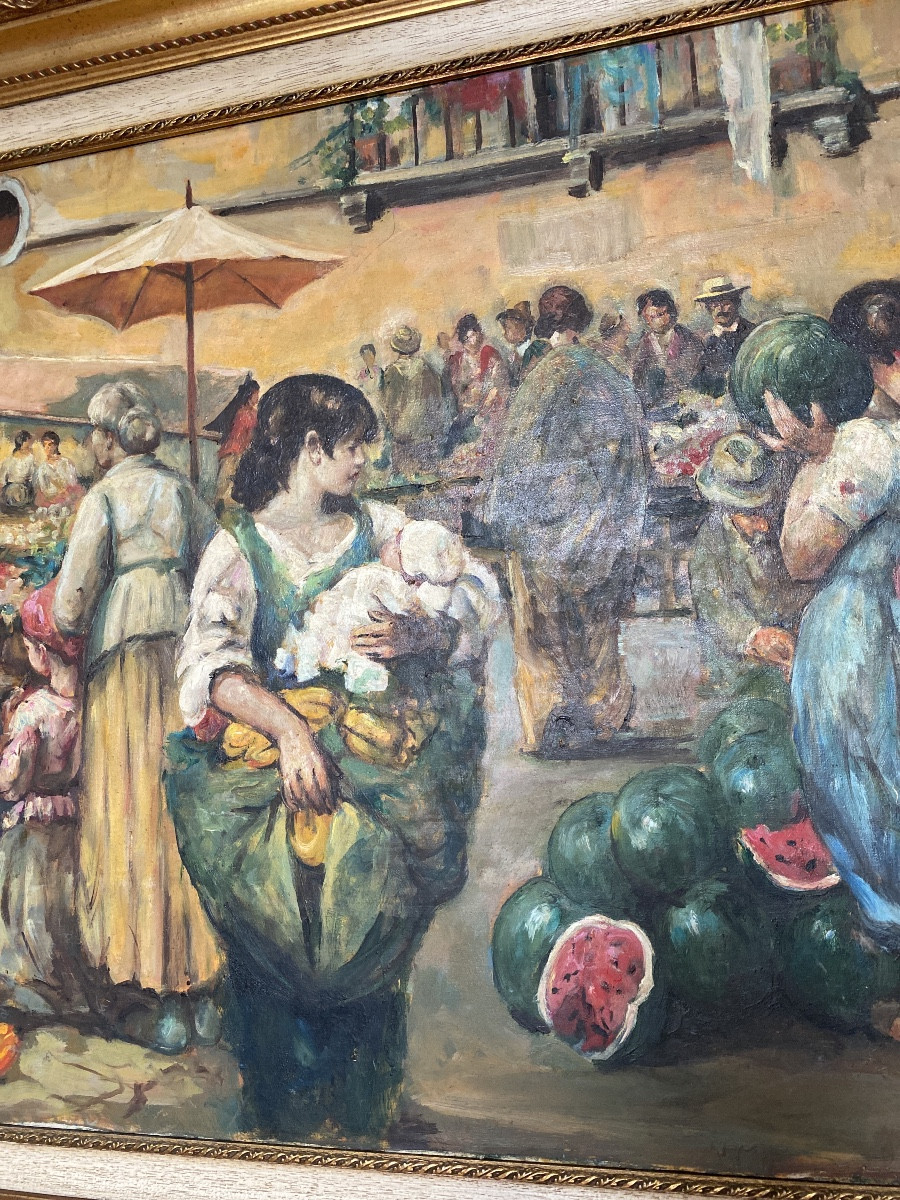 Carlo Roberto La Volpe - Large Animated Neapolitan Market Scene - Oil On Canvas - 20th Century-photo-3