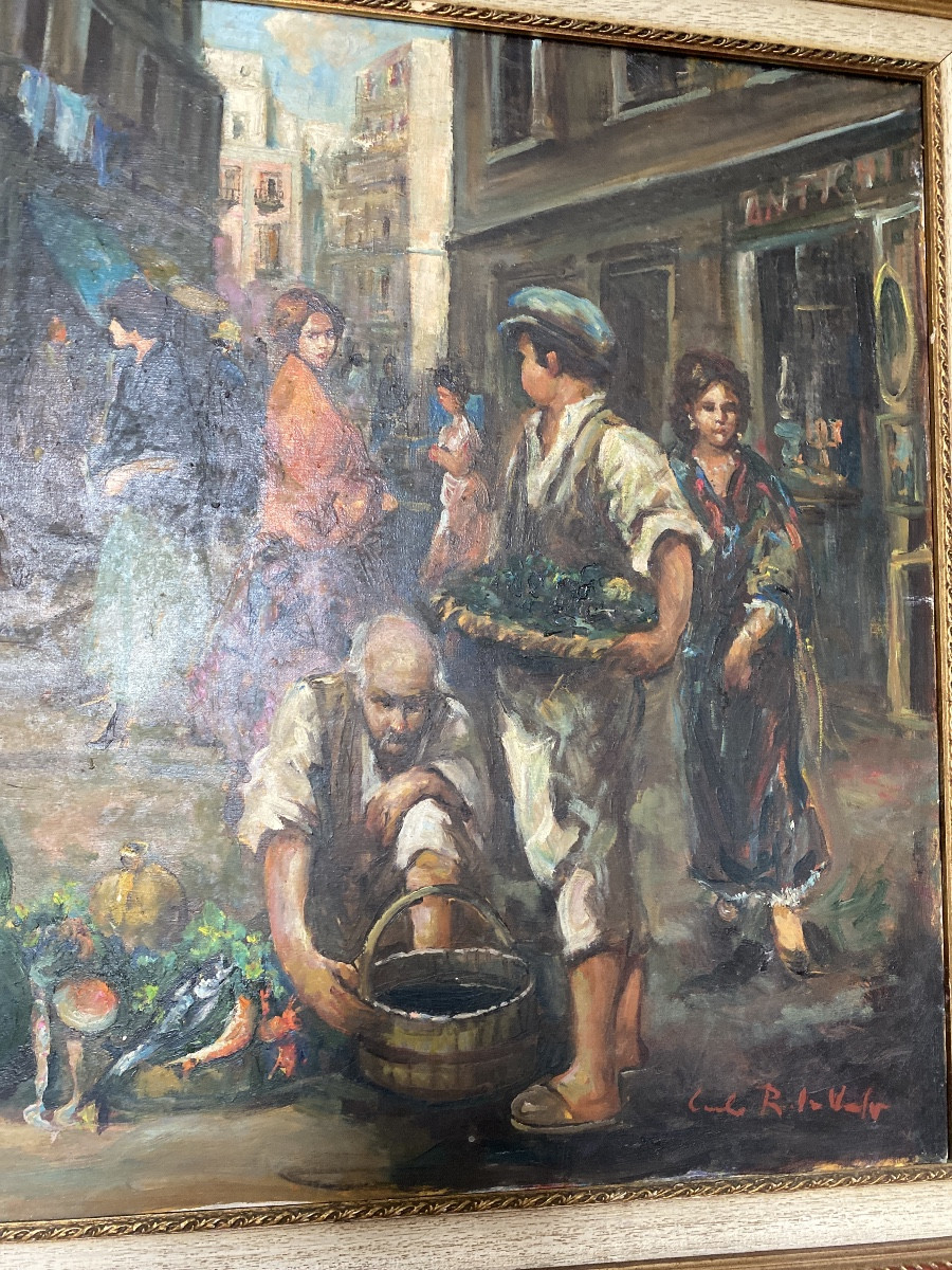 Carlo Roberto La Volpe - Large Animated Neapolitan Market Scene - Oil On Canvas - 20th Century-photo-4