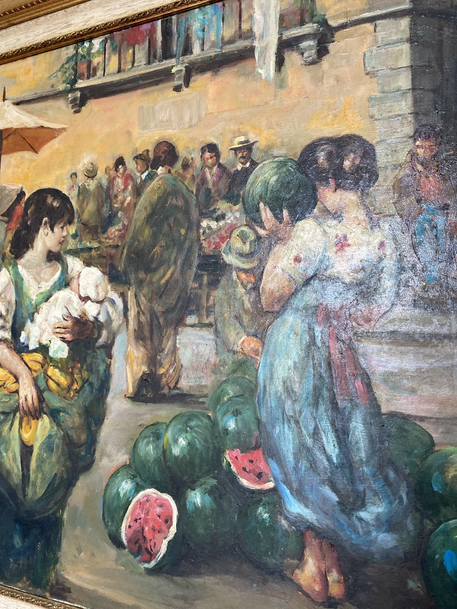 Carlo Roberto La Volpe - Large Animated Neapolitan Market Scene - Oil On Canvas - 20th Century-photo-5