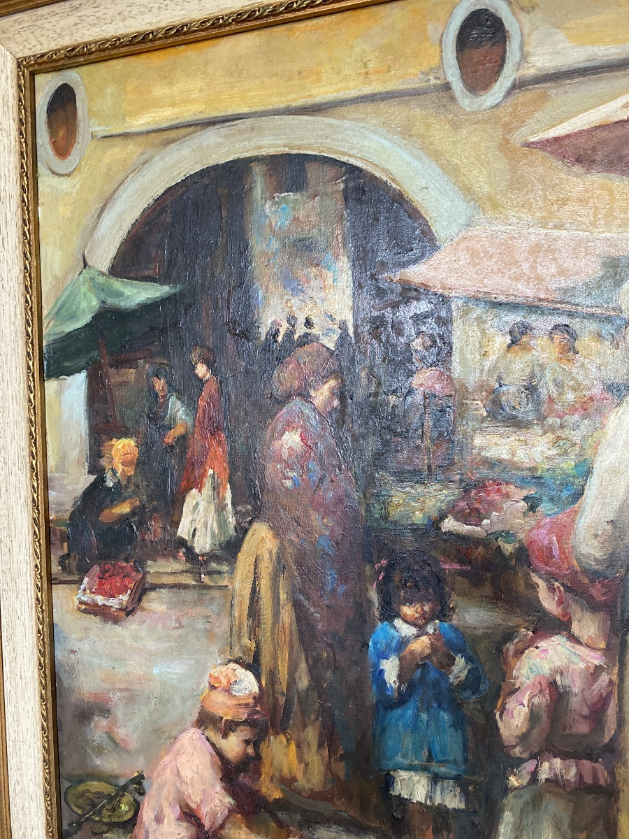 Carlo Roberto La Volpe - Large Animated Neapolitan Market Scene - Oil On Canvas - 20th Century-photo-7