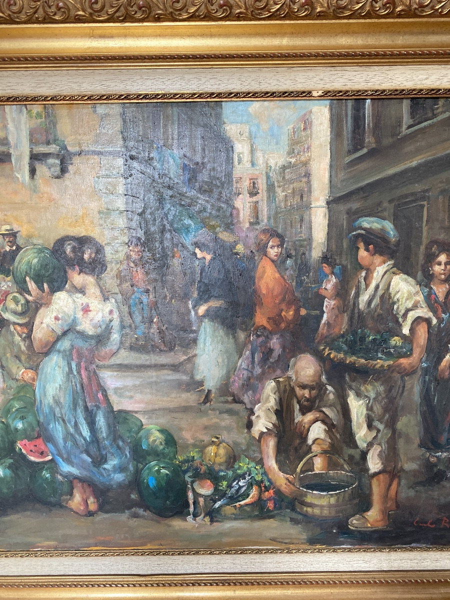 Carlo Roberto La Volpe - Large Animated Neapolitan Market Scene - Oil On Canvas - 20th Century-photo-8