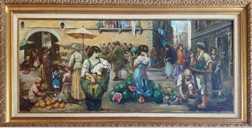 Carlo Roberto La Volpe - Large Animated Neapolitan Market Scene - Oil On Canvas - 20th Century