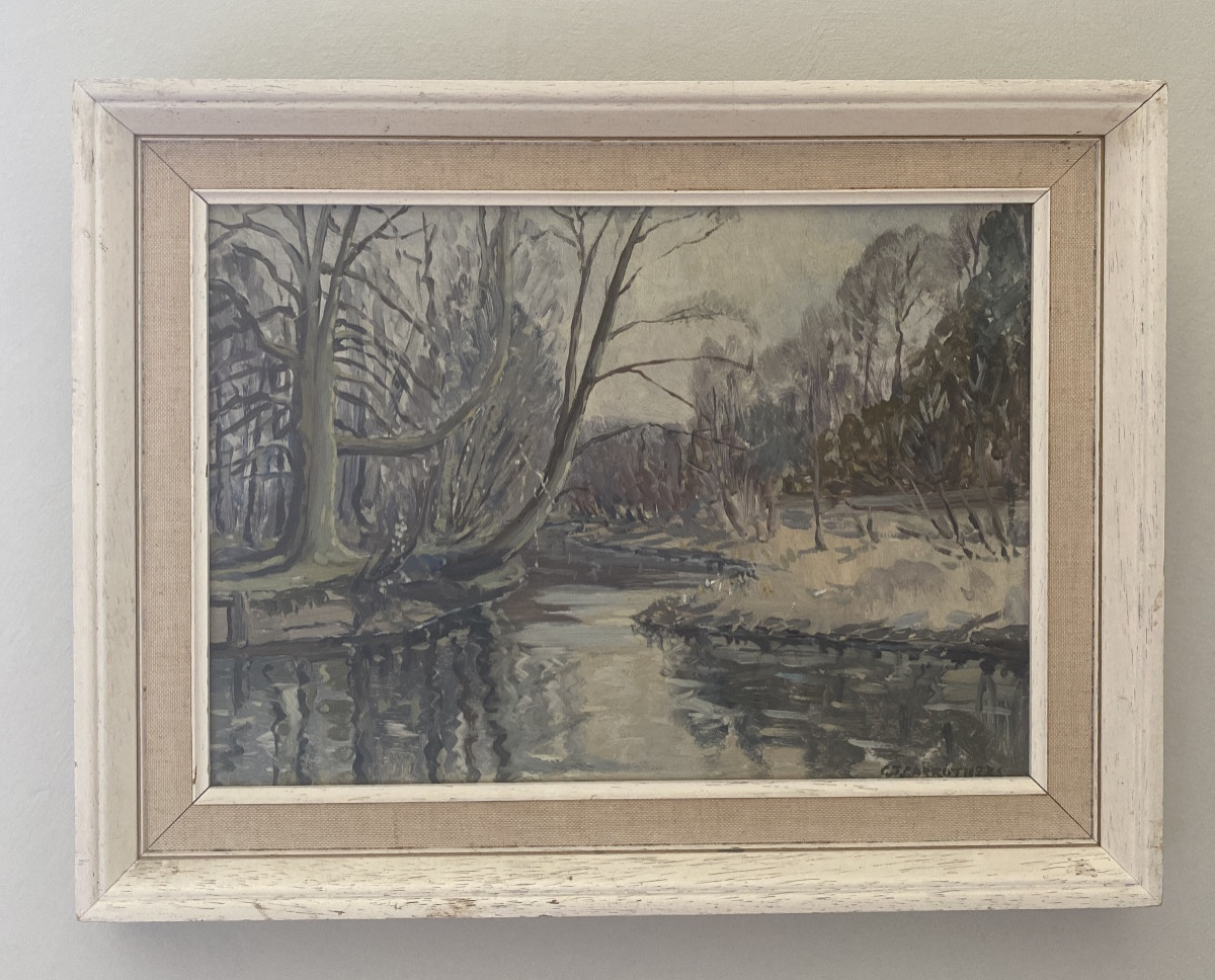 Paysage hivernal près de Salisbury – Huile sur isorel signée G.J. Carruthers, datée 1964-photo-3