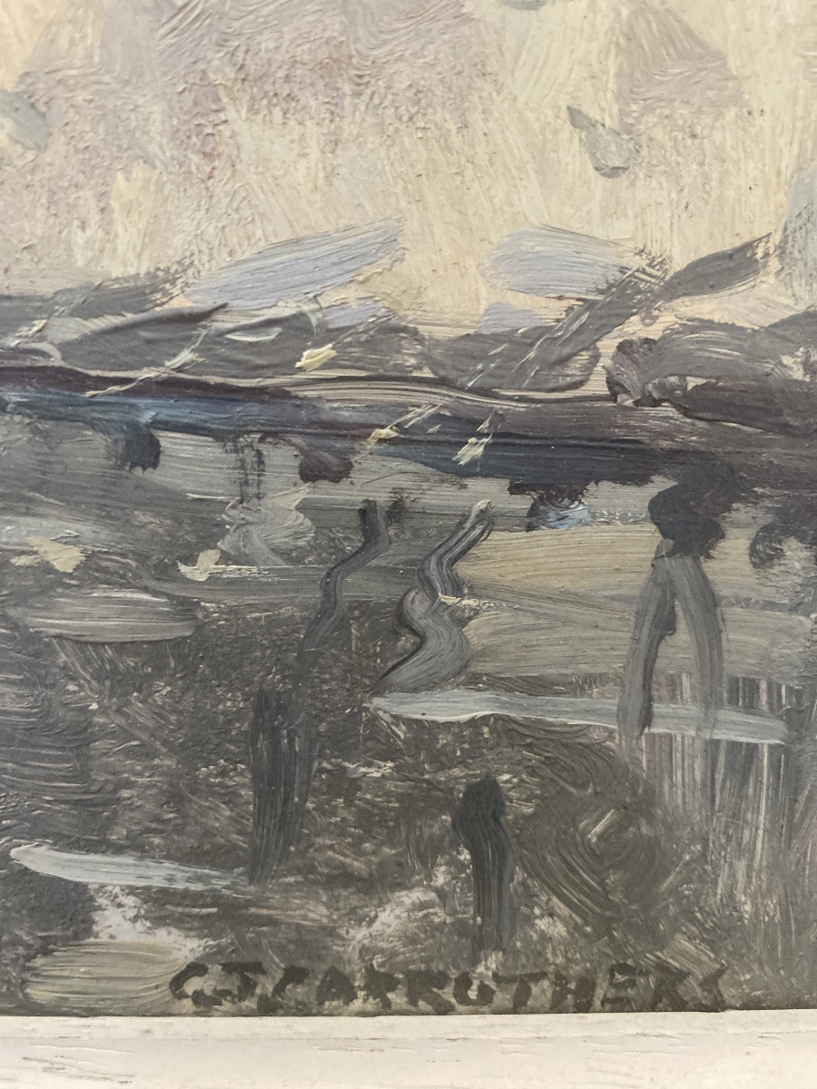 Paysage hivernal près de Salisbury – Huile sur isorel signée G.J. Carruthers, datée 1964-photo-4