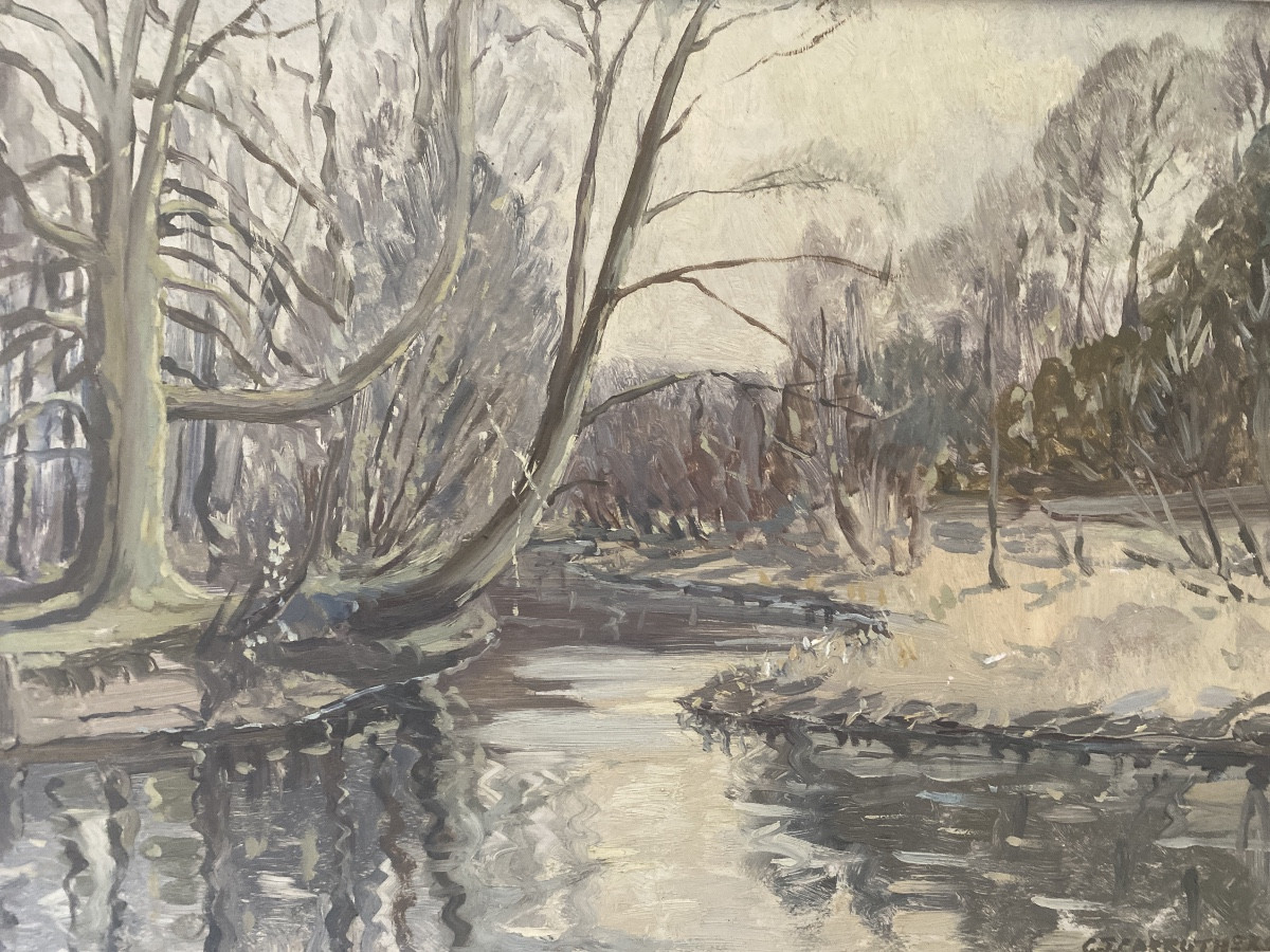 Paysage hivernal près de Salisbury – Huile sur isorel signée G.J. Carruthers, datée 1964-photo-1