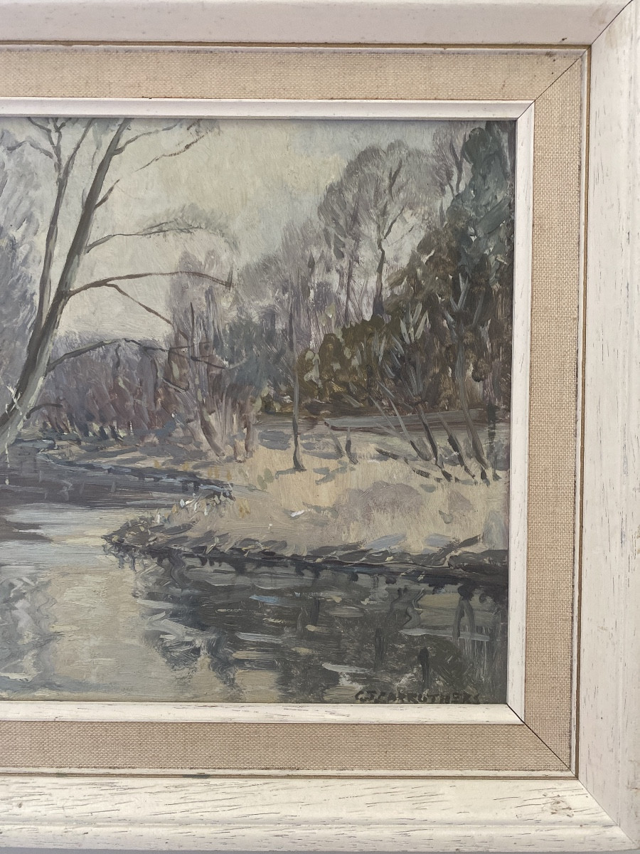 Paysage hivernal près de Salisbury – Huile sur isorel signée G.J. Carruthers, datée 1964-photo-2