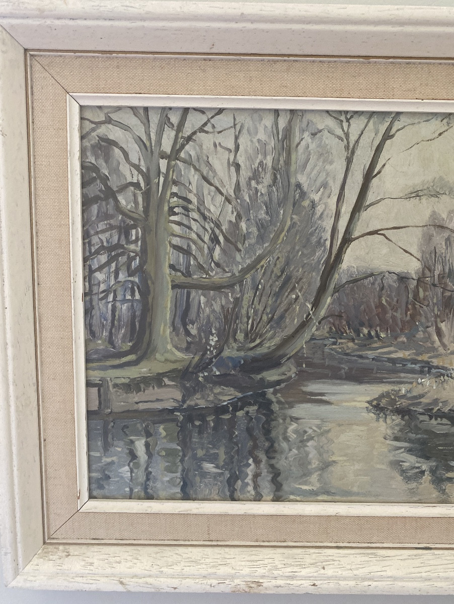 Paysage hivernal près de Salisbury – Huile sur isorel signée G.J. Carruthers, datée 1964-photo-3