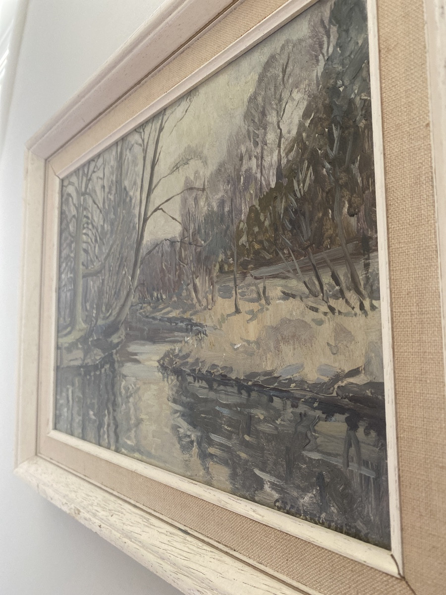 Paysage hivernal près de Salisbury – Huile sur isorel signée G.J. Carruthers, datée 1964-photo-6