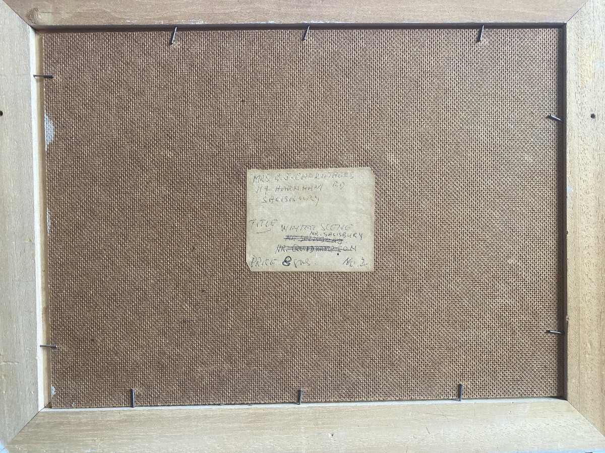 Paysage hivernal près de Salisbury – Huile sur isorel signée G.J. Carruthers, datée 1964-photo-7