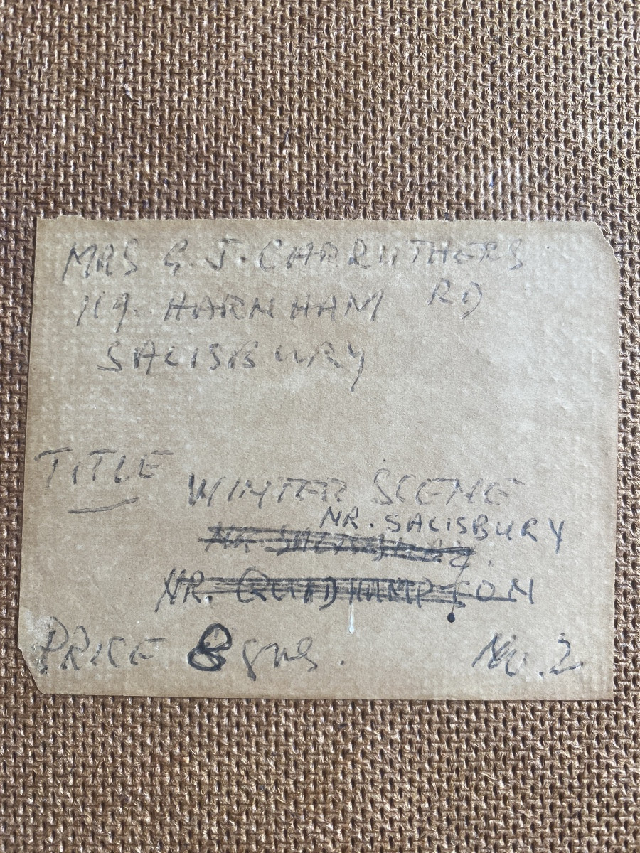 Paysage hivernal près de Salisbury – Huile sur isorel signée G.J. Carruthers, datée 1964-photo-8