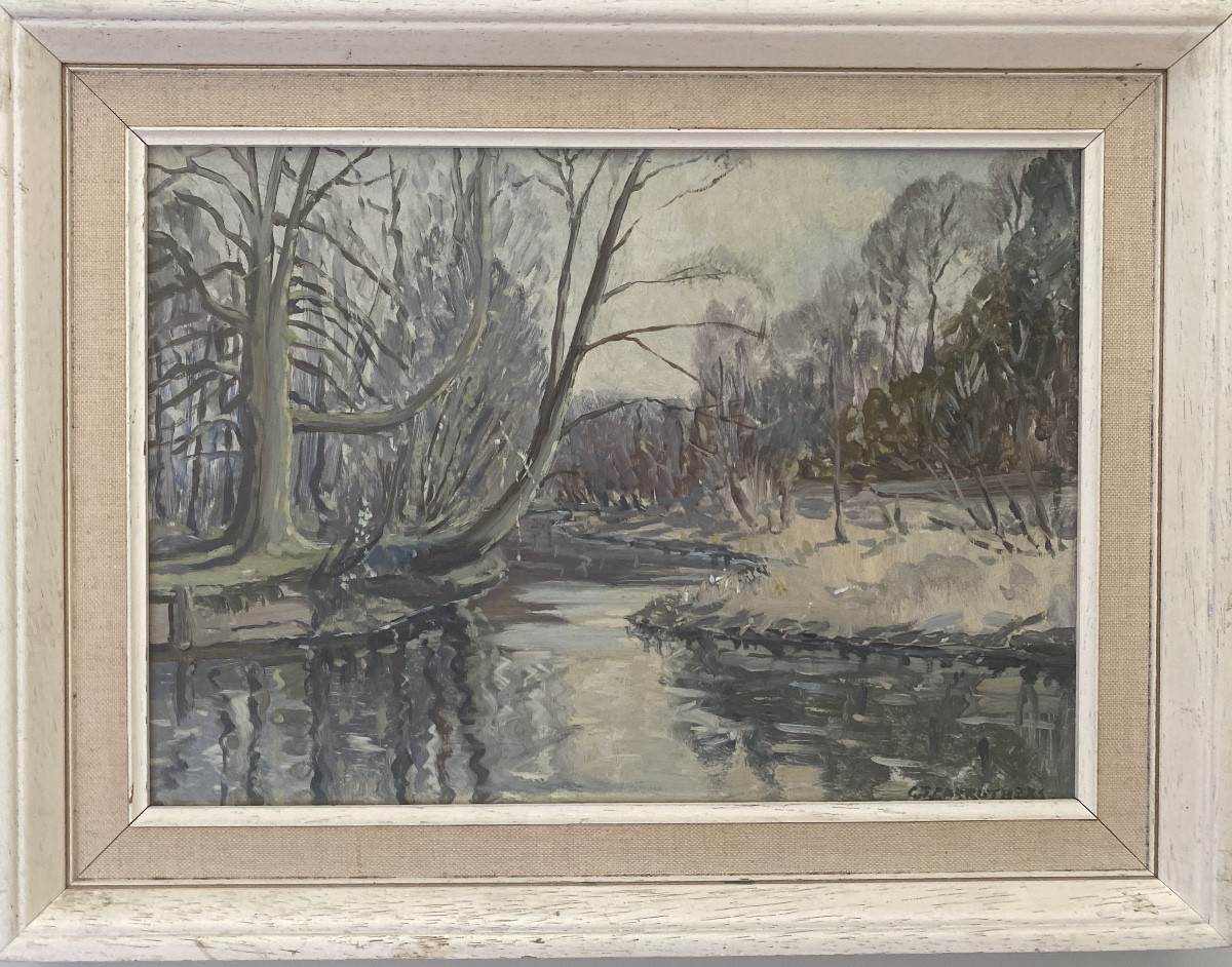 Paysage hivernal près de Salisbury – Huile sur isorel signée G.J. Carruthers, datée 1964