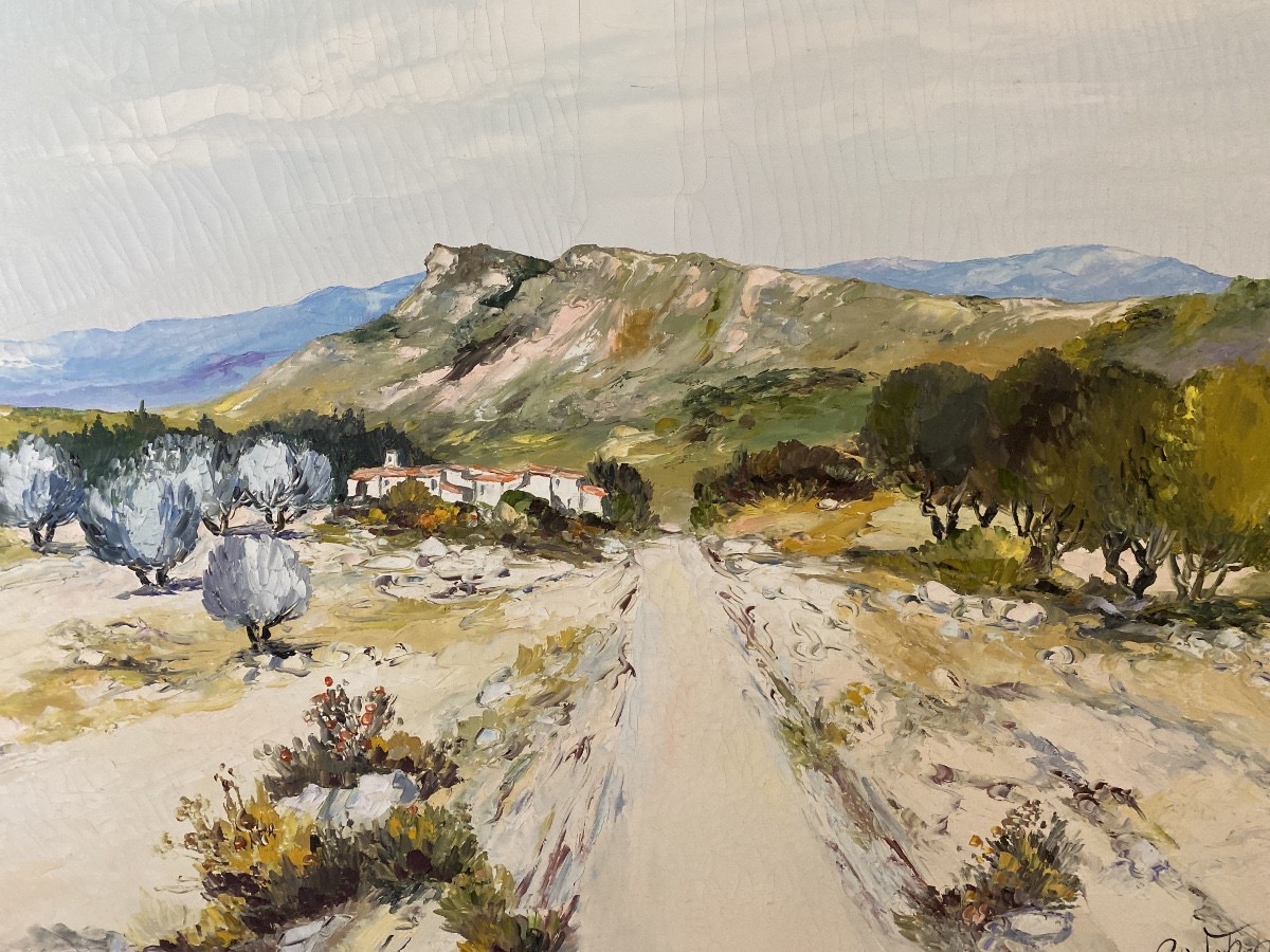 Ray Poirier (né en 1938) – Le Chemin – Paysage provençal aux oliviers – Huile sur toile au cout-photo-2