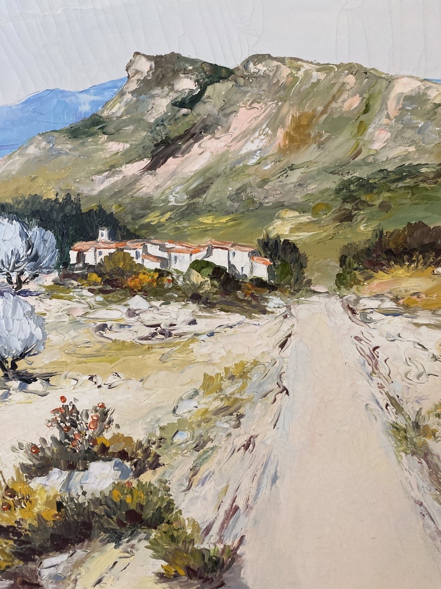 Ray Poirier (né en 1938) – Le Chemin – Paysage provençal aux oliviers – Huile sur toile au cout-photo-4