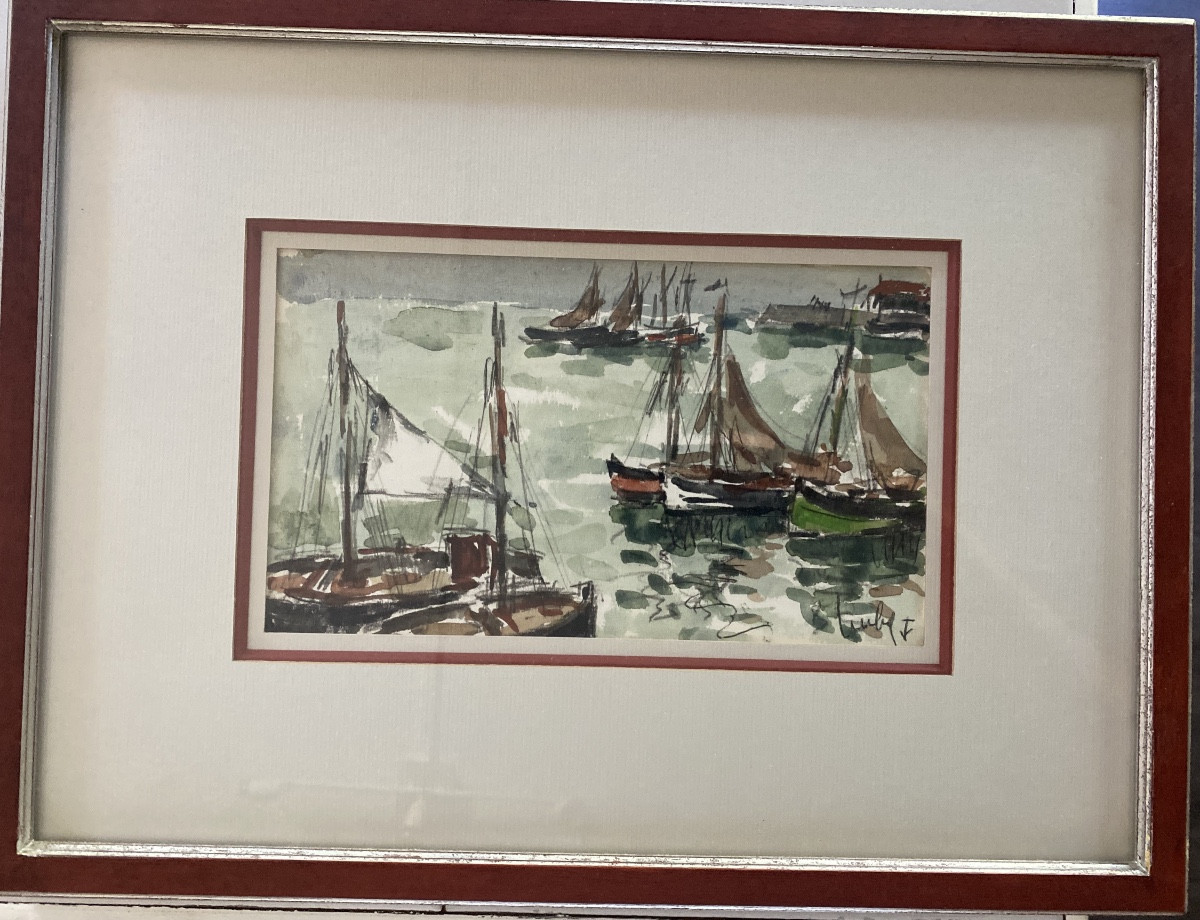 Fernand Herbo (1905-1995) – Marine animée de voiliers, aquarelle-photo-2