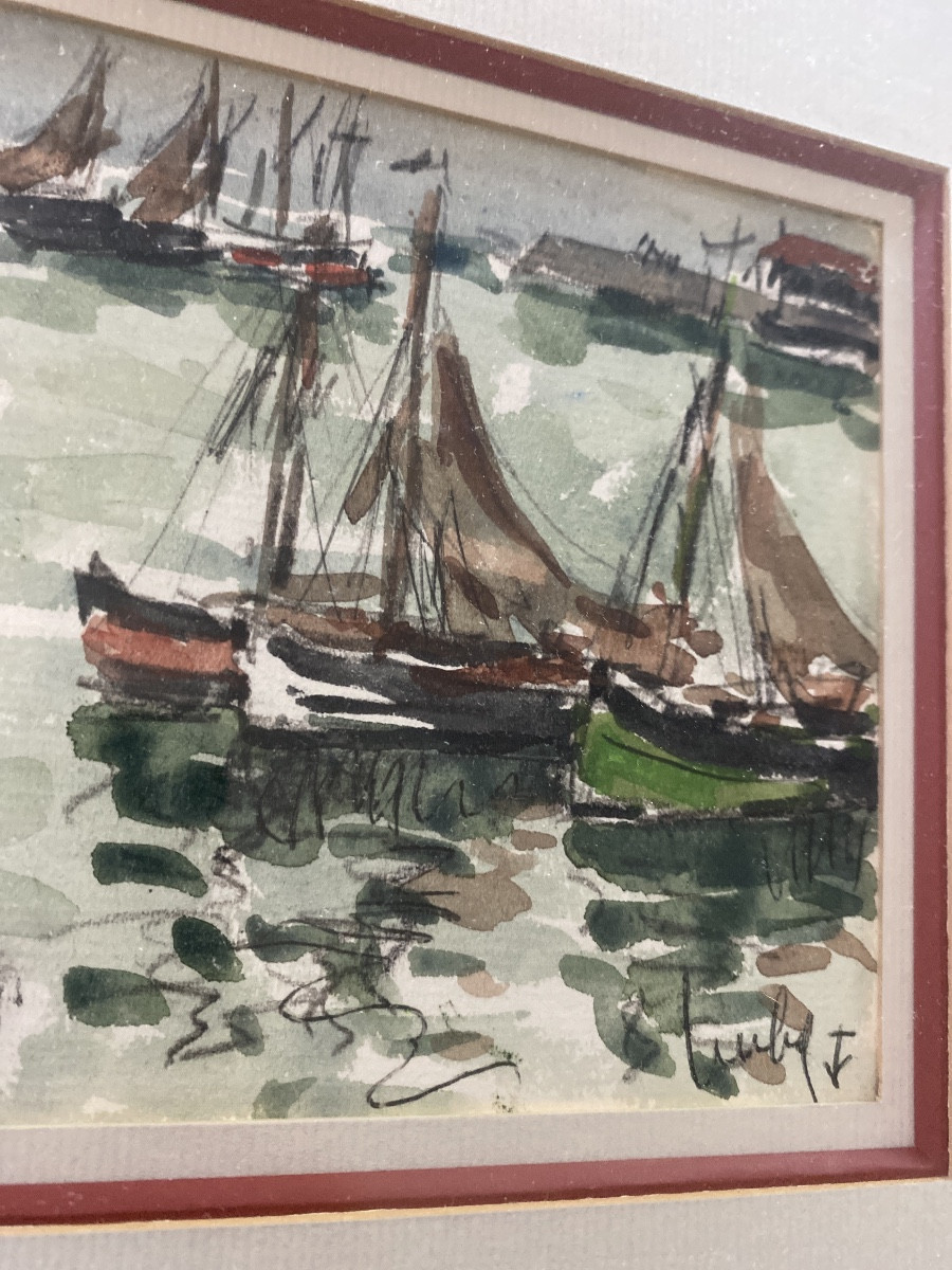 Fernand Herbo (1905-1995) – Marine animée de voiliers, aquarelle-photo-3