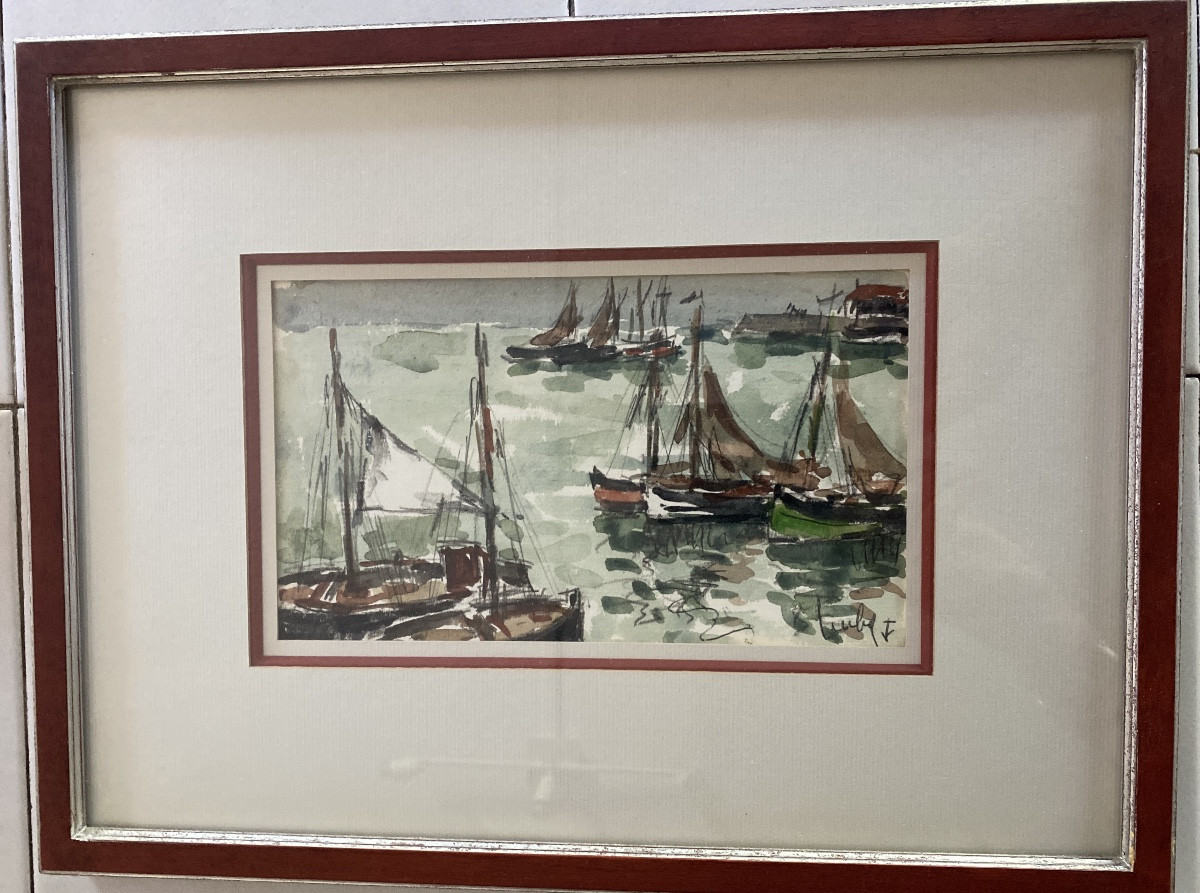 Fernand Herbo (1905-1995) – Marine animée de voiliers, aquarelle-photo-4