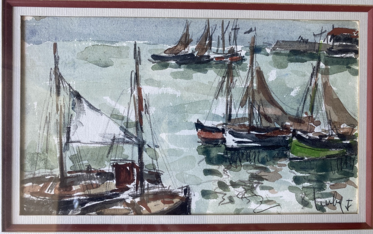 Fernand Herbo (1905-1995) – Marine animée de voiliers, aquarelle