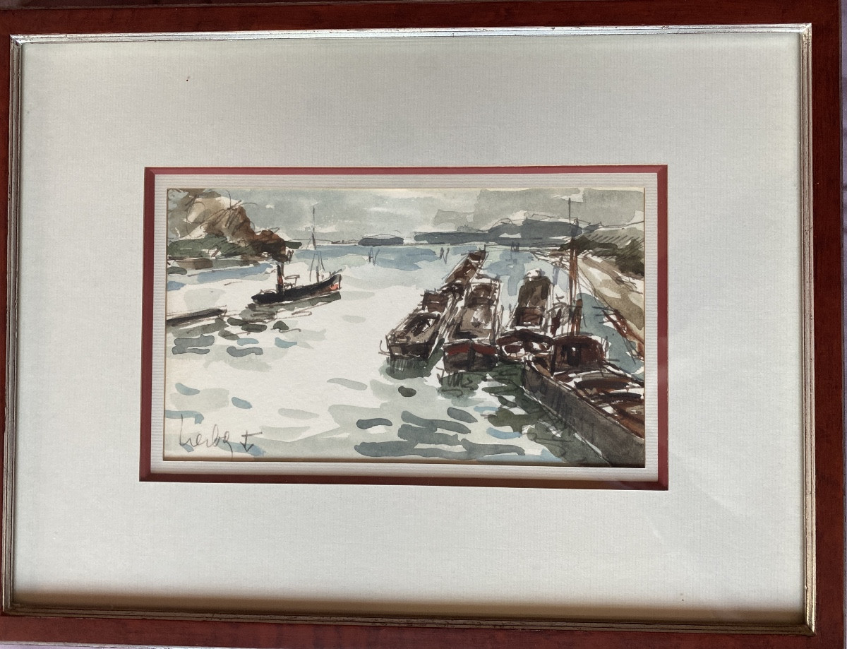 Fernand Herbo (1905-1995) – Port animé, aquarelle, peintre de la Marine-photo-2