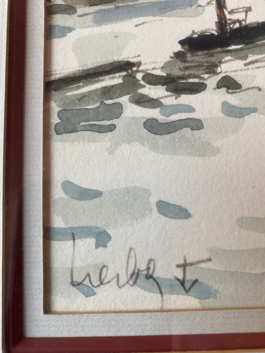 Fernand Herbo (1905-1995) – Port animé, aquarelle, peintre de la Marine-photo-3
