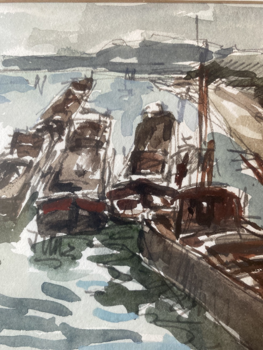 Fernand Herbo (1905-1995) – Port animé, aquarelle, peintre de la Marine-photo-1