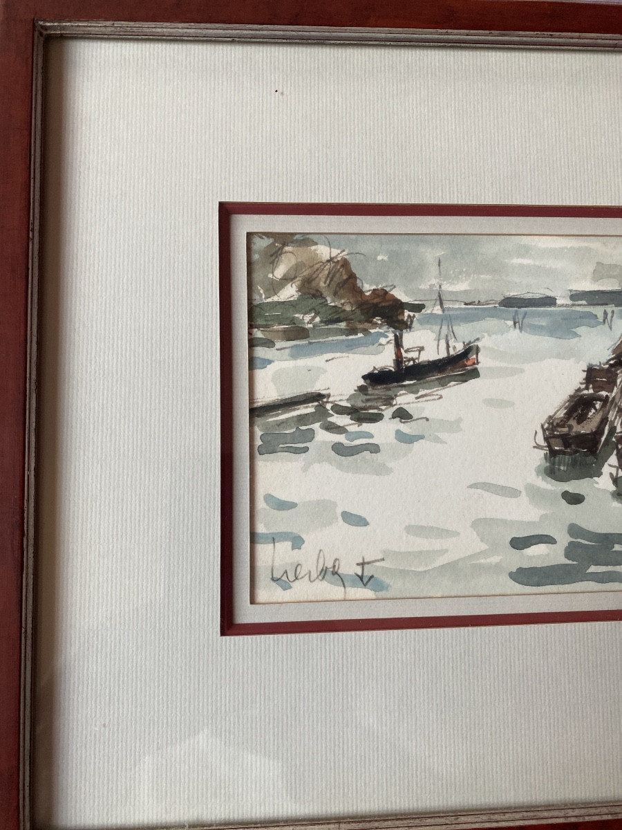 Fernand Herbo (1905-1995) – Port animé, aquarelle, peintre de la Marine-photo-2